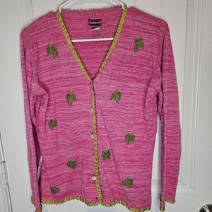​Vtg Sweater Sweater Pink Frog Beaded Cardigan Cottagecore Kitsch Ramie Blend M
